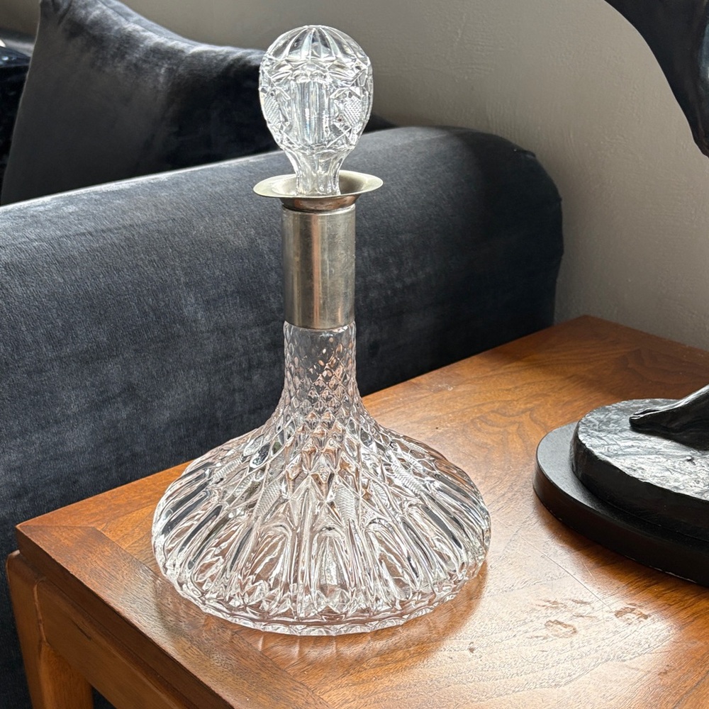 Vintage Crystal Decanter with Silver Collar - Clear